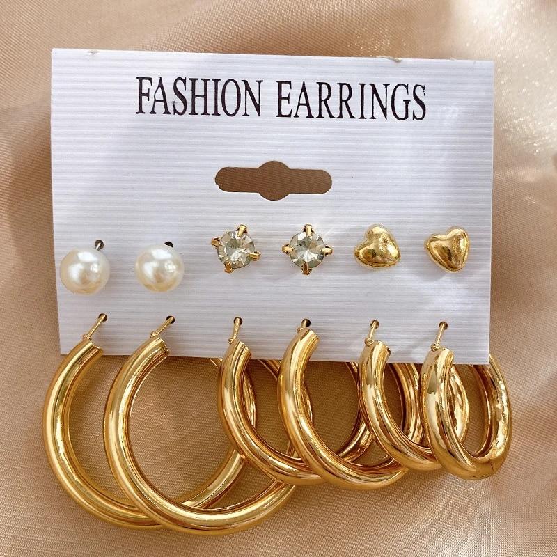 17KM Vintage Gold Color Hoop Earrings Set Pearl Metal Dangle Earrings for Women Crystal Twist Earrings Trendy Fashion Jewelry