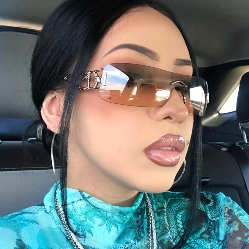 One-Piece Rimless  Wrap Around Fashion Sunglasses For Women Men With Hollow Temple Hip Hop Outdoor Eyewear