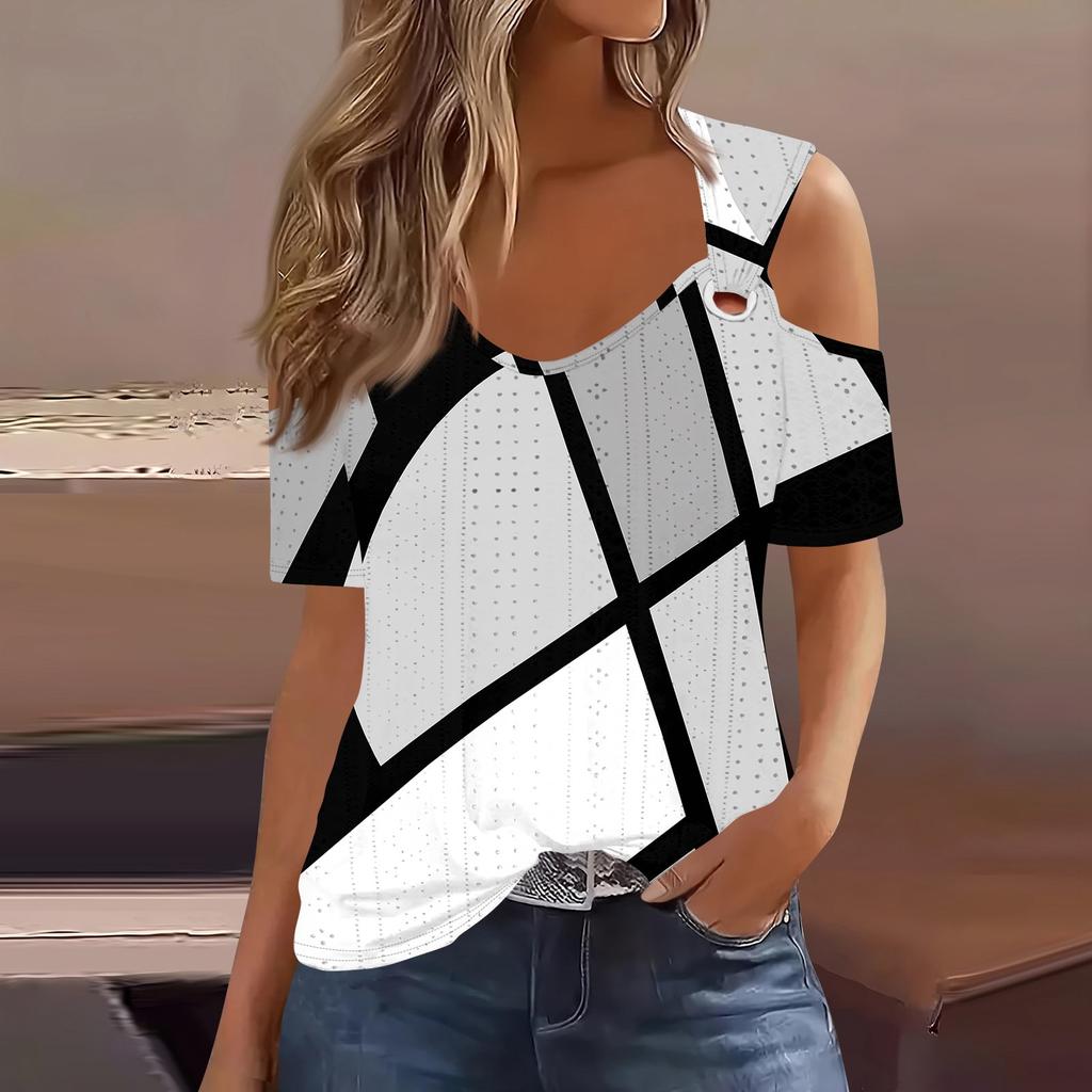 Sexy Cold Sholuder Tops For Women Summer Hollow Out Eyelet Short Sleeve Blouse Loose V Neck Tshirt Trendy Casual Tunics