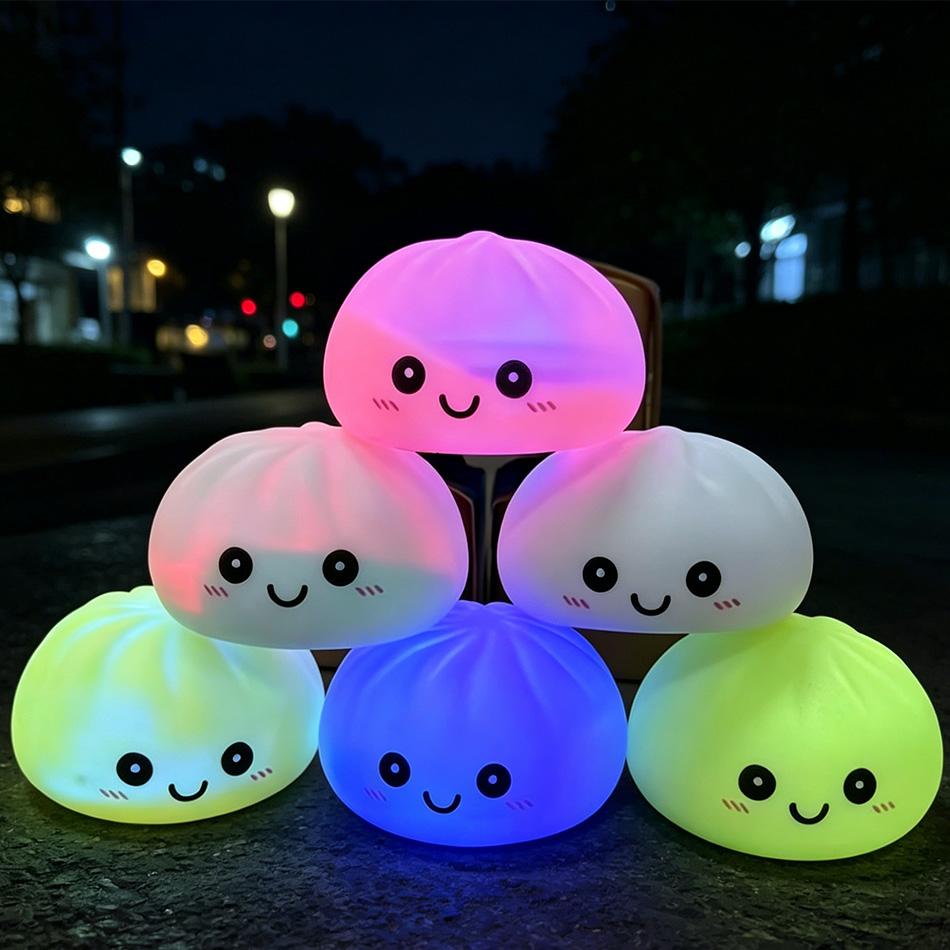 Cute Bun Glowing Dumpling Squishy Squeeze Toy Night Light Silicone Led Lamp Colorful Flashing Bedside Light For Home Decor Gift