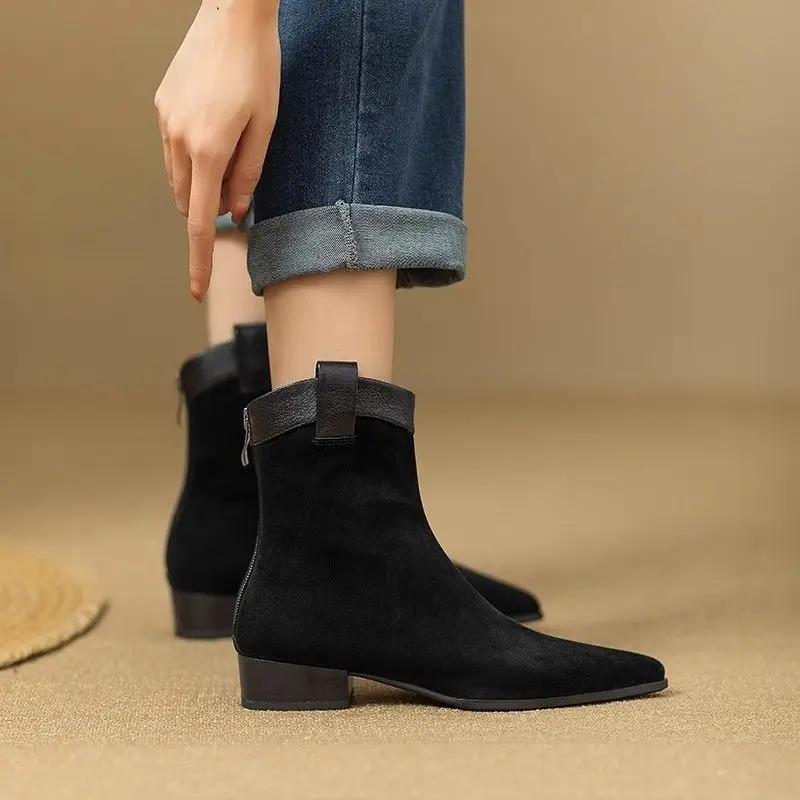 Fashion Ankle Boots for Women Pointed Toe Leather Splicing Suede Booties Chelsea Non Slip Autumn On Offer New Rock In Woman Short Shoes