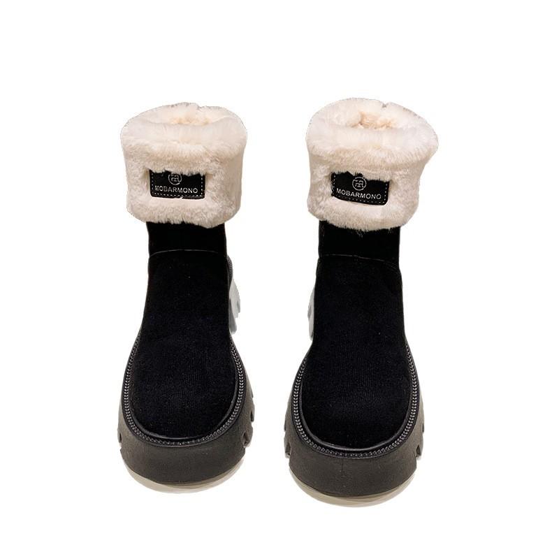 2025 New Thick-soled Heightening Snow Boots Women's Winter Plush Warm Retro Thick Heel Pile Fur Collar Short Boots