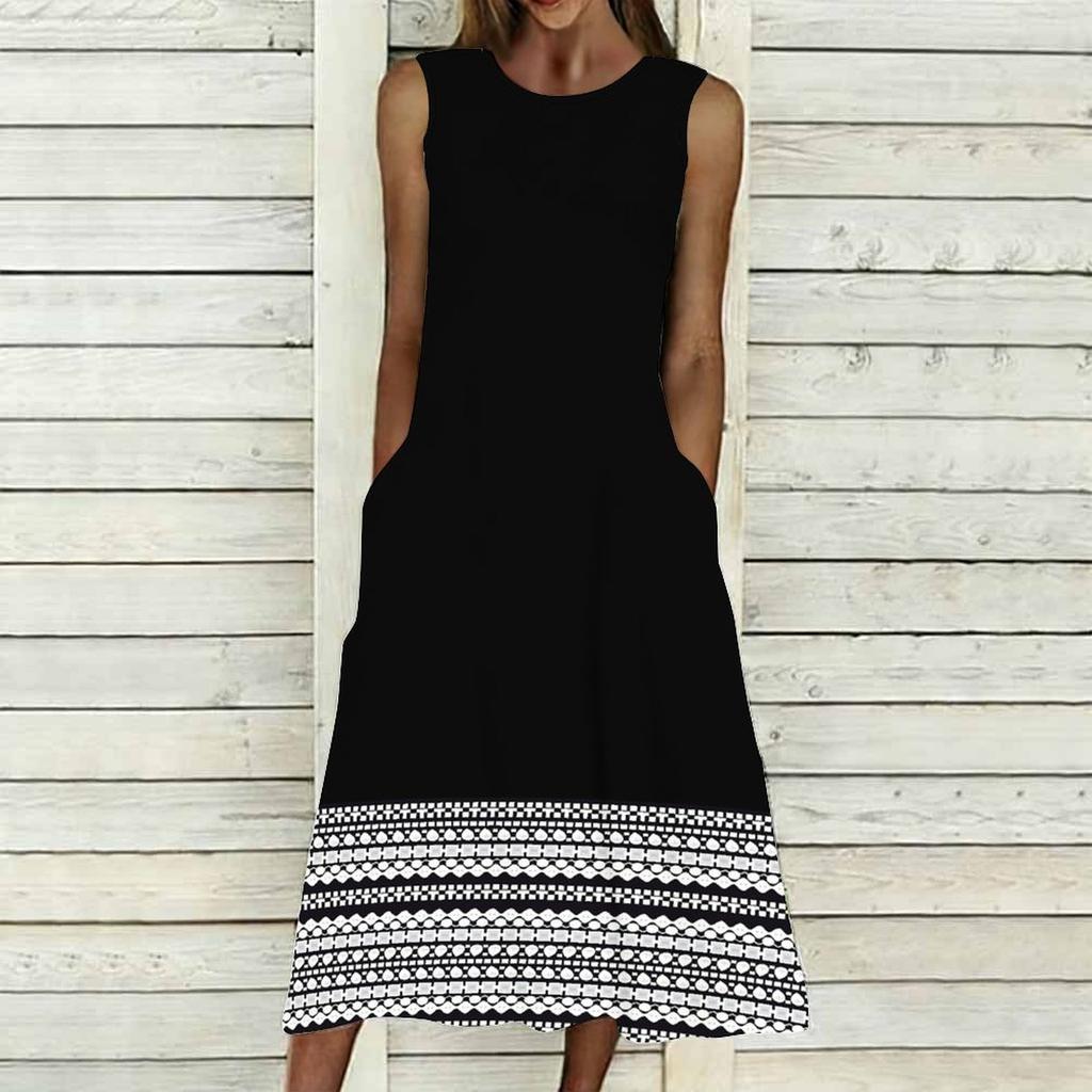 Oversized Ladies Sleeveless Crew Neck Dress Graceful Scattered Floral Loose Calf Length Gown