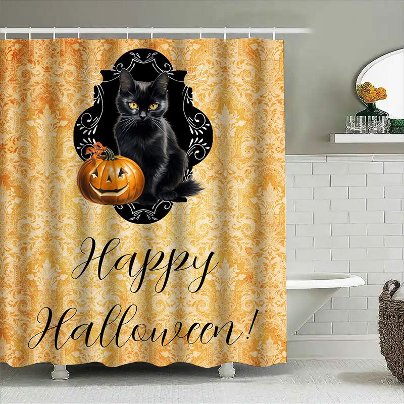 Halloween Shower Curtain with Jack-O-Lantern Pumpkin Print Fall Decorations for Bathrooms Black Cat Yellow Damask Pattern Reusab