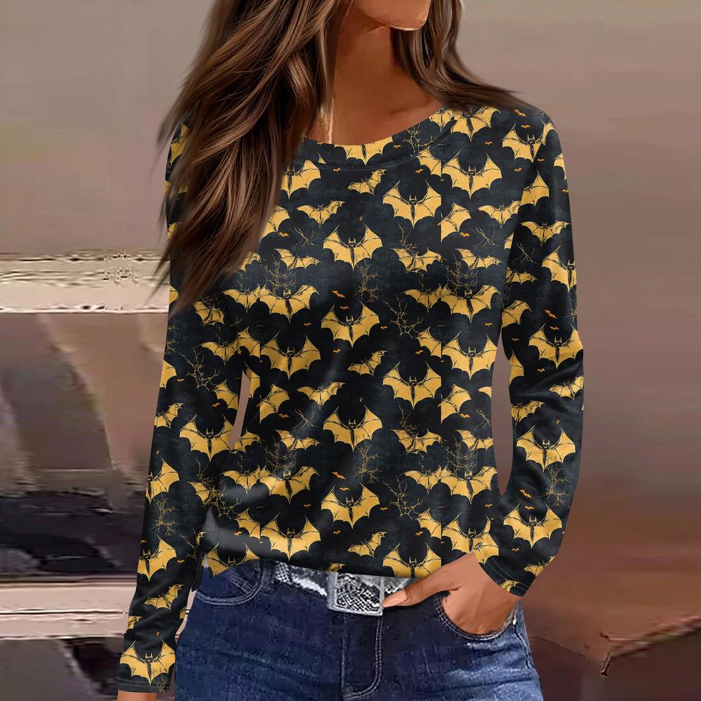 Women's Fashion Hem Slit Casual Halloween Printed Round Neck Long Sleeve Top