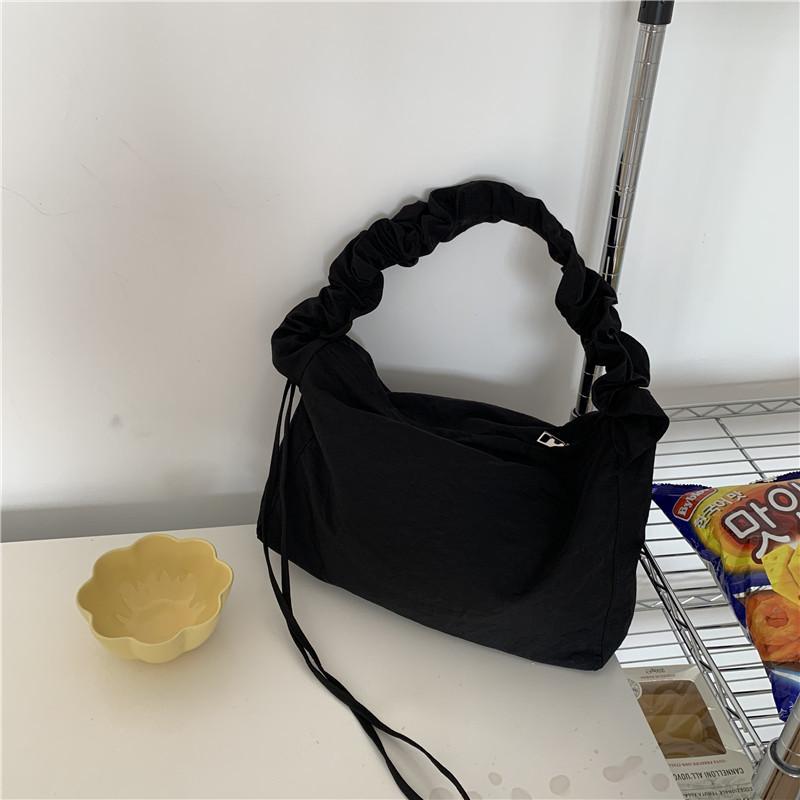 Women's Korean Version Single Shoulder Pleated Drawstring Canvas Bag, Small Fresh Artistic Solid Color Hand-held Diagonal Cross Casual Women's Bag