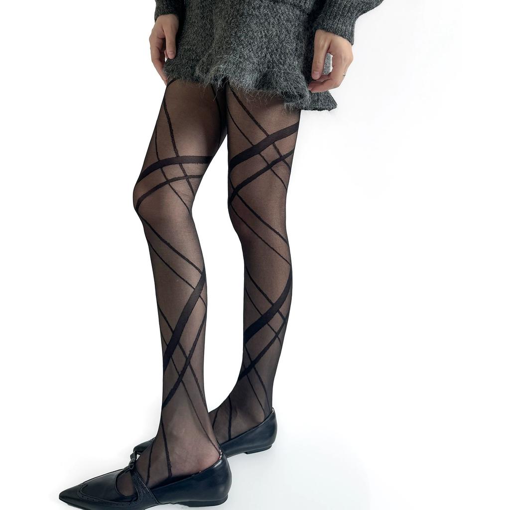 Irregular Cross Argyle Sheer Jacquard Pantyhose Women Y2K Dark Gray White Retro Sexy Slim Pantyhose