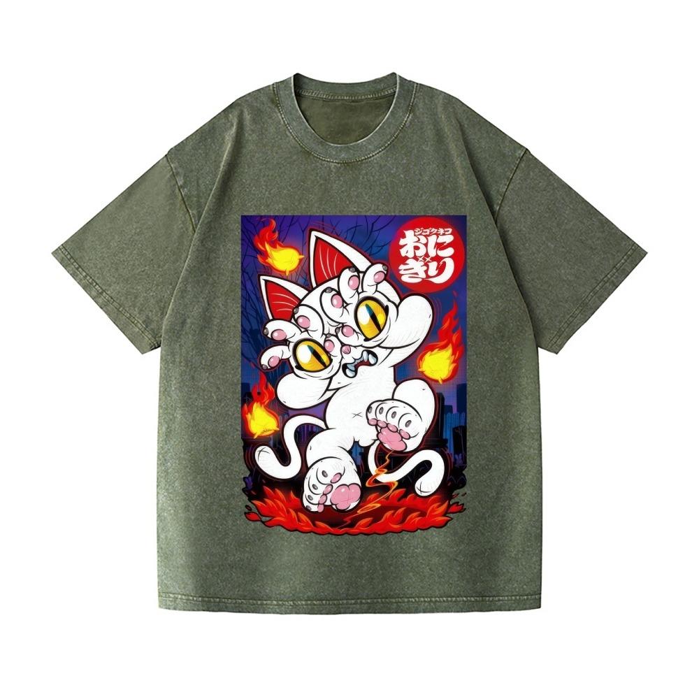 Men's Fashion Washed Acid T-shirts Casual Loose Hell Cat Vintage Wash Japanese Design Tees Holiday Sports Unisex Tunics