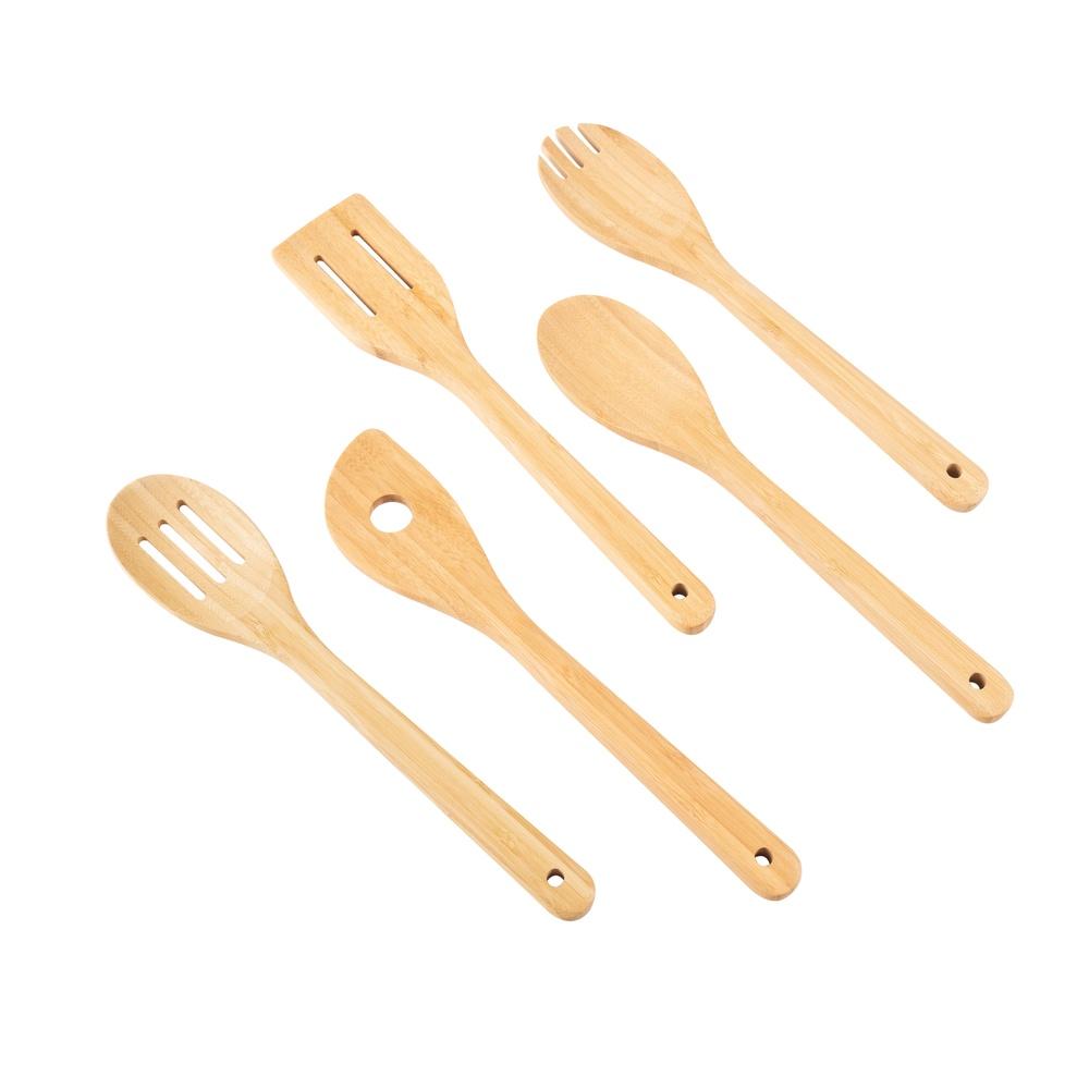 5pcs Bamboo Cooking Utensil Set Natural Eco-Friendly Kitchen Tools Hand Wash Only Multi-Functional Stirring Serving Spoons