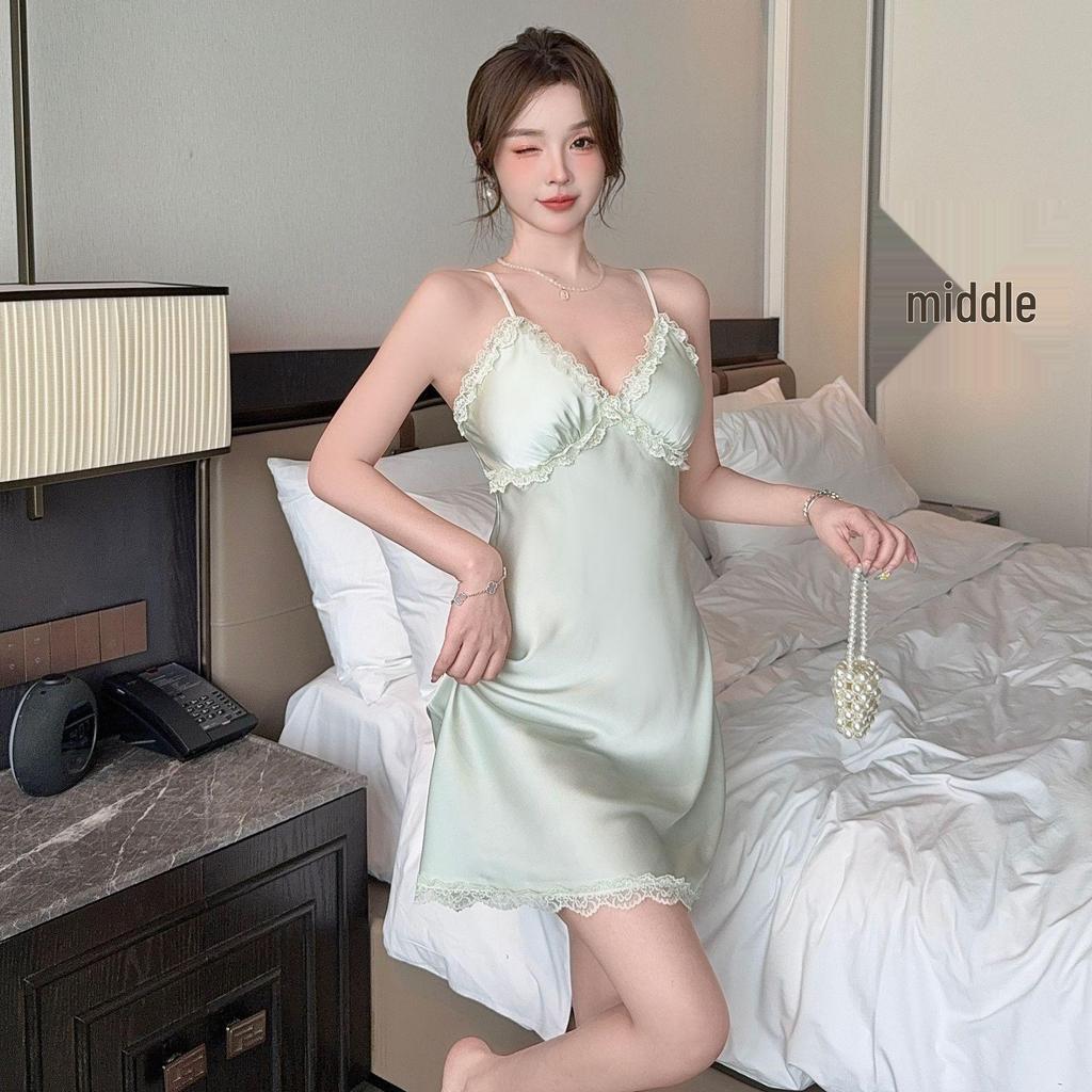 Women's Light Luxury Ice Silk Camisole Nightgown with Lace Trim and Chest Pads