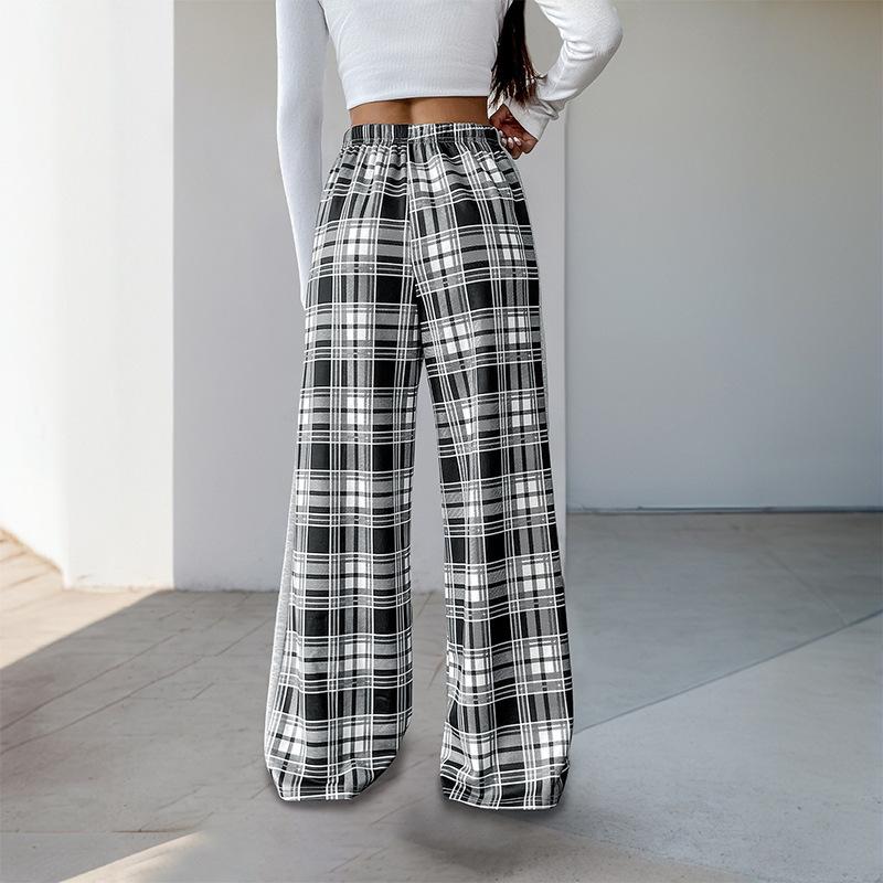 New Elastic Black and White Plaid Trousers Casual Plaid Splicing Wide-leg Pants for Women