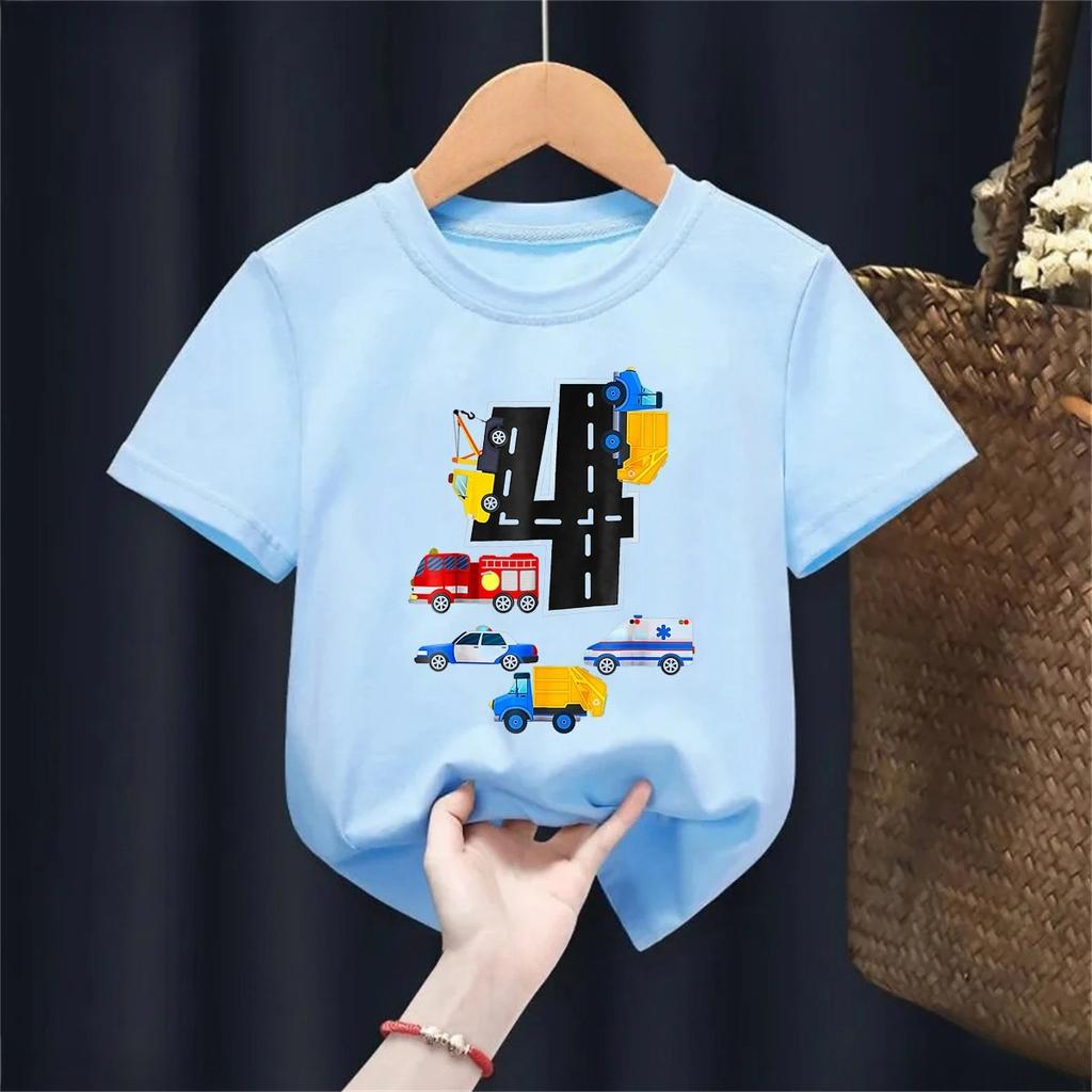 Police car engineering vehicle ambulance fun printed summer boy and girl short sleeved Tshirt top