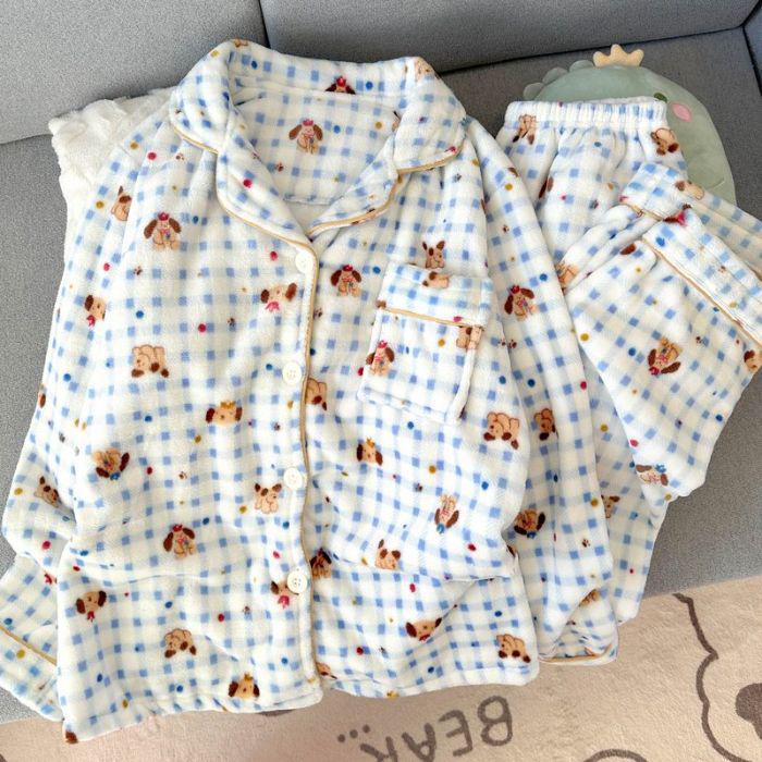 

Женский флисовый фланелевый пижамный комплект большого размера - С длинным рукавом, Теплый, Домашняя одежда из двух частей для осени/зимы Extra Large