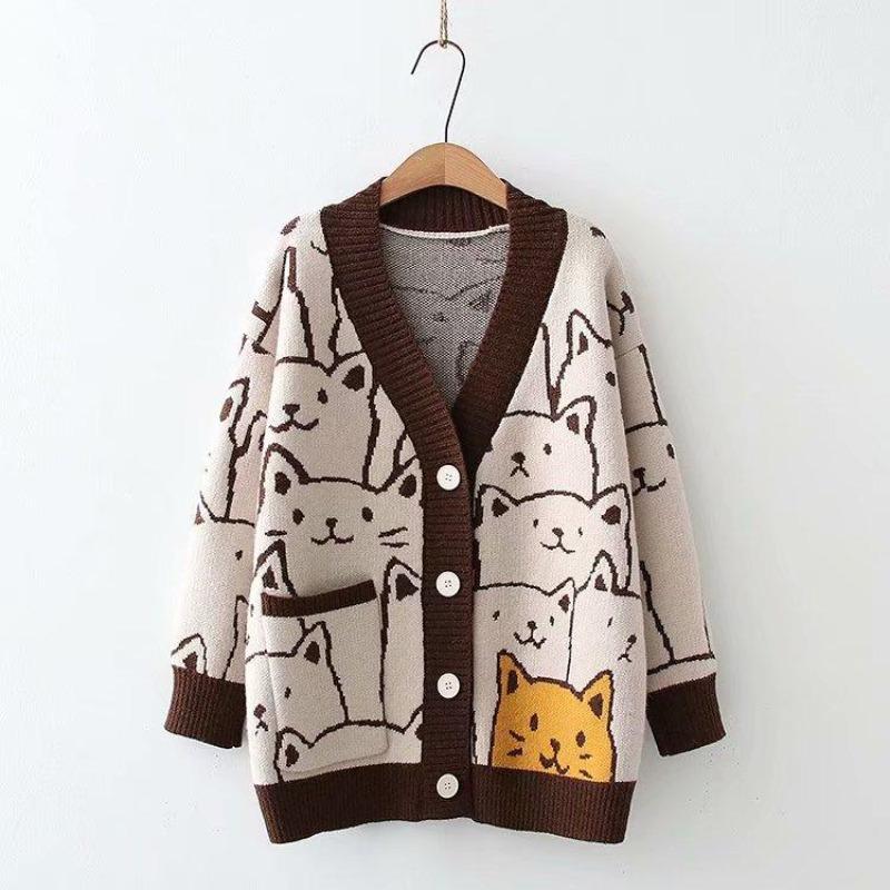 Cardigan Lavorato a Maglia Gatto Cartone Animato Maglione Autunno Inverno Donna Maglione Harajuku Cappotto Scollo a O Manica Lunga Cardigan
