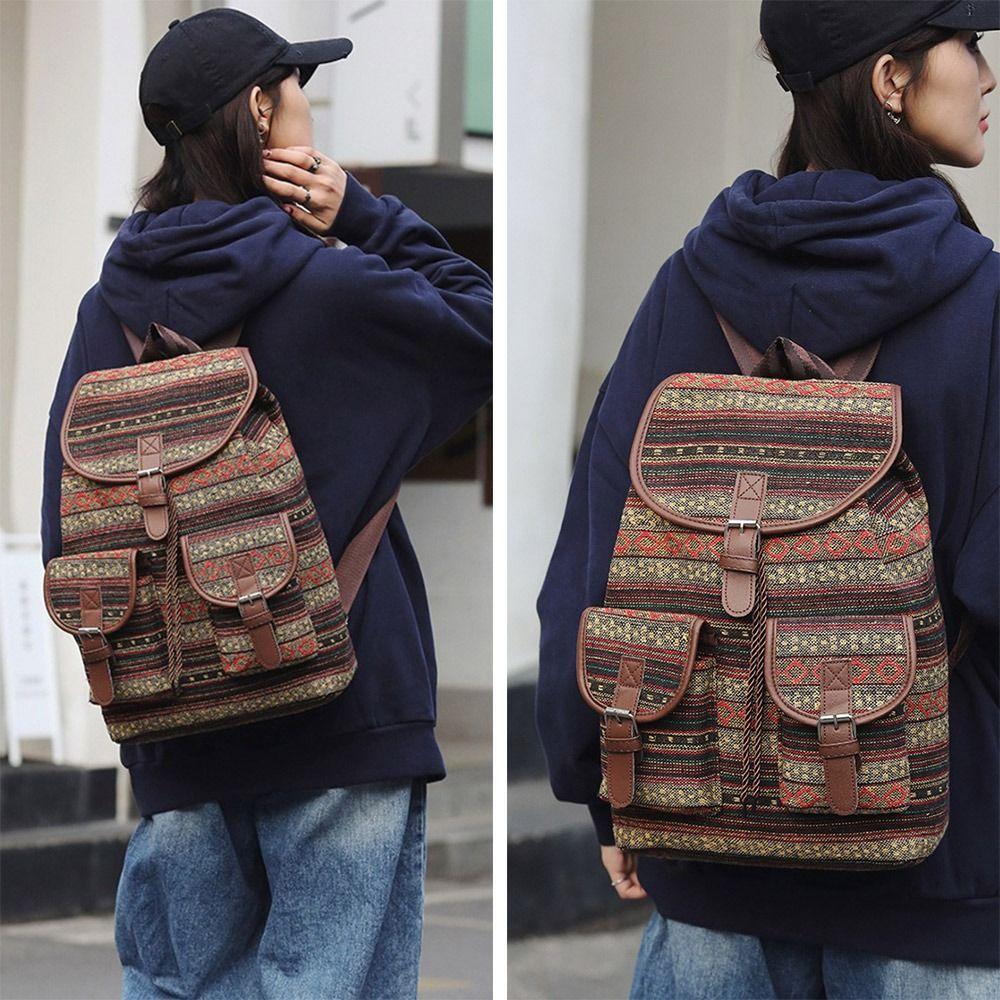 Fashion Ethnic Style Shoulders Backpack Adjustable Strap Large Capacity Kids Schoolbag Casual Plaid Travel Rucksack