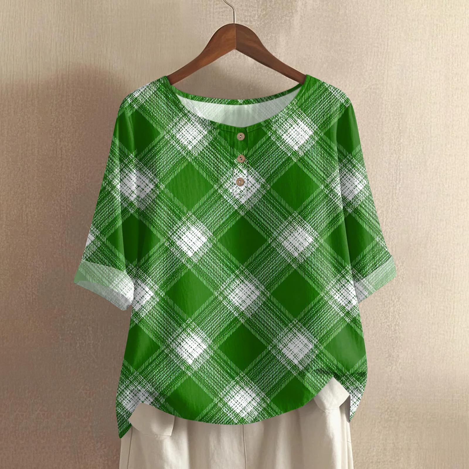 

Women s St. Patrick s Day Printed Casual Mid Sleeved Round Neck Cotton And Linen Top XXL зелёный