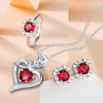 Set Bijuterii Inimă Iubire Zircon Roșu Colier cu Strasuri Cercei Stud Inel Set Accesorii Romantice pentru Cadou de Ziua de Naștere Ziua Îndrăgostiților