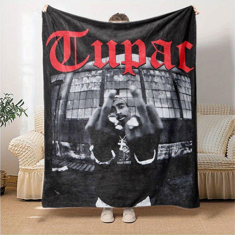 1 Adet 2Pac Hip Hop Battaniye Yumuşak Hafif Dört Mevsim Çok Amaçlı Atkı Kanepe, Yatak, Ofis ve Piknikler İçin, İkonik Albüm Sanatı ve Sözler ile Fransız Tarzı