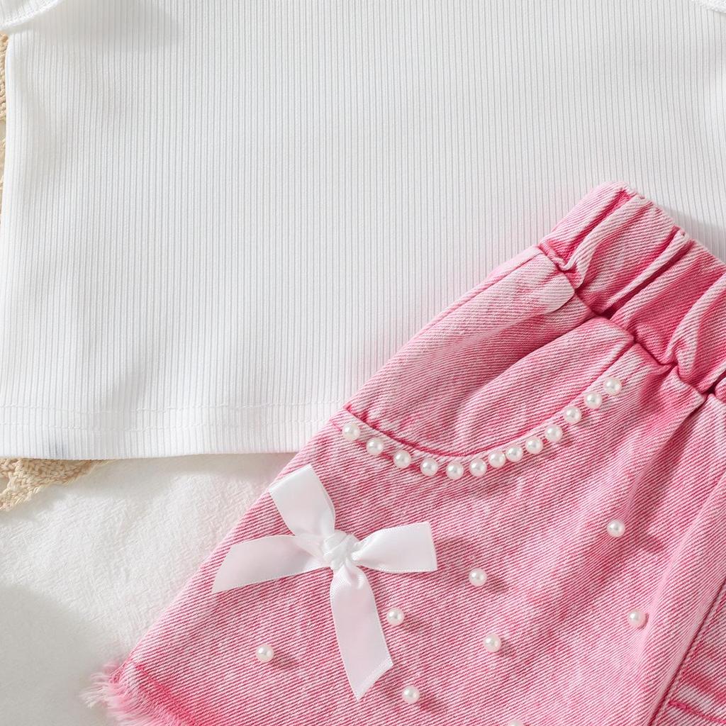 Baby Girls 2-Piece Outfit, Ribbed Ruffle Neck Top and Embellished Denim Shorts