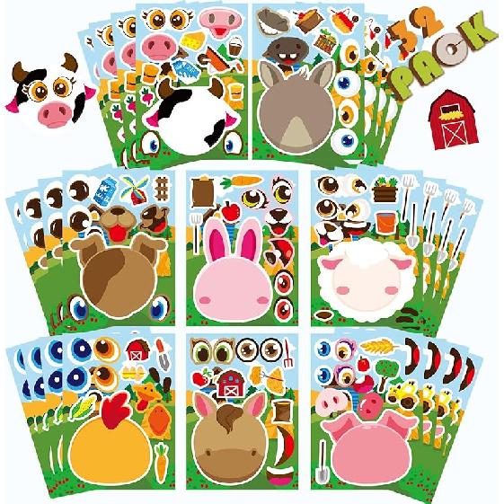 36 PCS Farm Animal Stickers Sheets, Make-a-face Sticker, Make Your Own Stickers for Kids Farm Themed Party Favors Supplies Craft Birthday Gift for