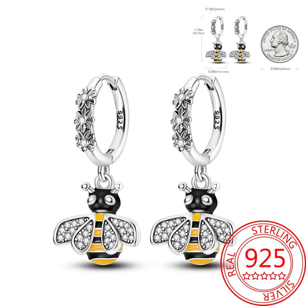 Brincos de abelha para menina adorável amarelo preto dançando abelha feliz s925 brincos de argola presente de aniversário joias de prata