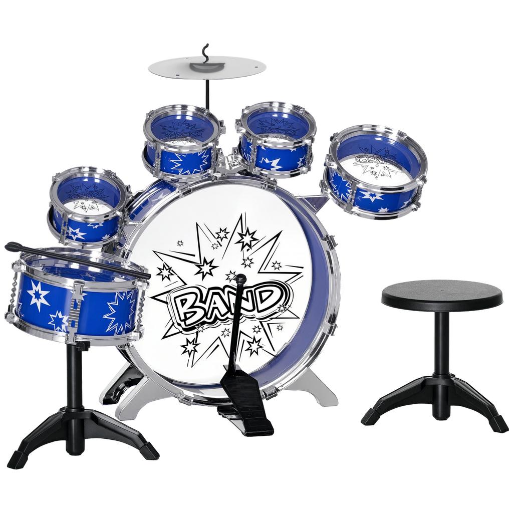 Drum Set for Children +3 Years with Drums, Bass Drum, Cymbal, Pedal and Drumsticks Star Theme Design 65x22x57 cm Blue