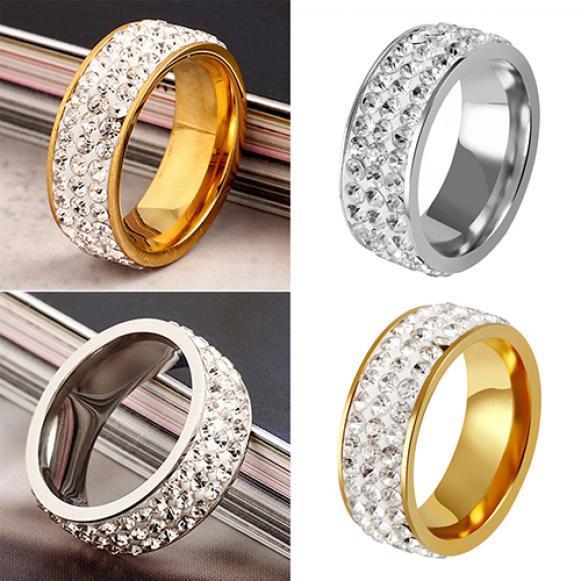 Titanium Steel Women Men 3 Rows Shiny Rhinestone Finger Ring Wedding Jewelry Gift