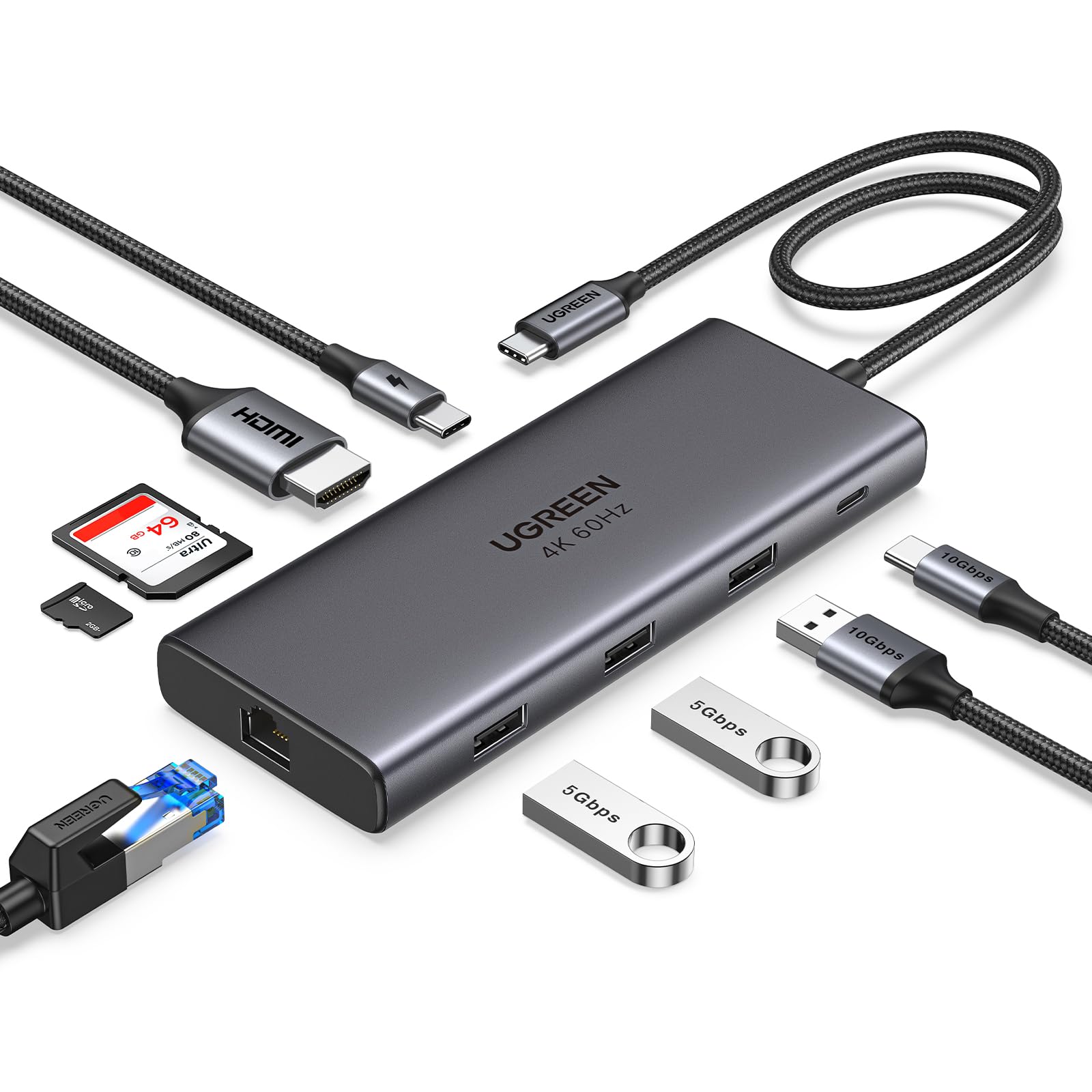

UGREEN Revodok Pro C 10 Гбит/с Передача HDMI 100 Вт PD Быстрая 1 Гбит/с Карта Совместим с MacBook и Thinkpad C-порт Не поддерживает видео 109-USB-хаб,