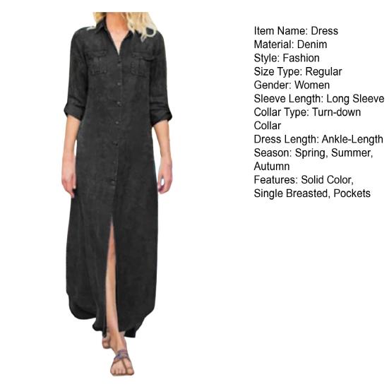 Sukienka dżinsowa z klapami i dekoltem w serek, z długimi rękawami, wieloma kieszeniami, zapinana na guziki, damska, modna