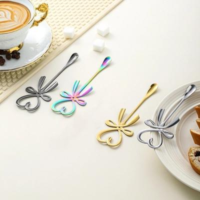 6PCS Stainless Steel Heart Shaped Spoon Long Handle Hanging Spoon Dessert Spoon Bow Knot Tea Spoon Wedding Party