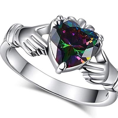 Fashion Heart Claddagh Ring with Rainbow CZ Prong Setting Silver Plated Fashion Jewelry Best Lover Gift Rings for Women