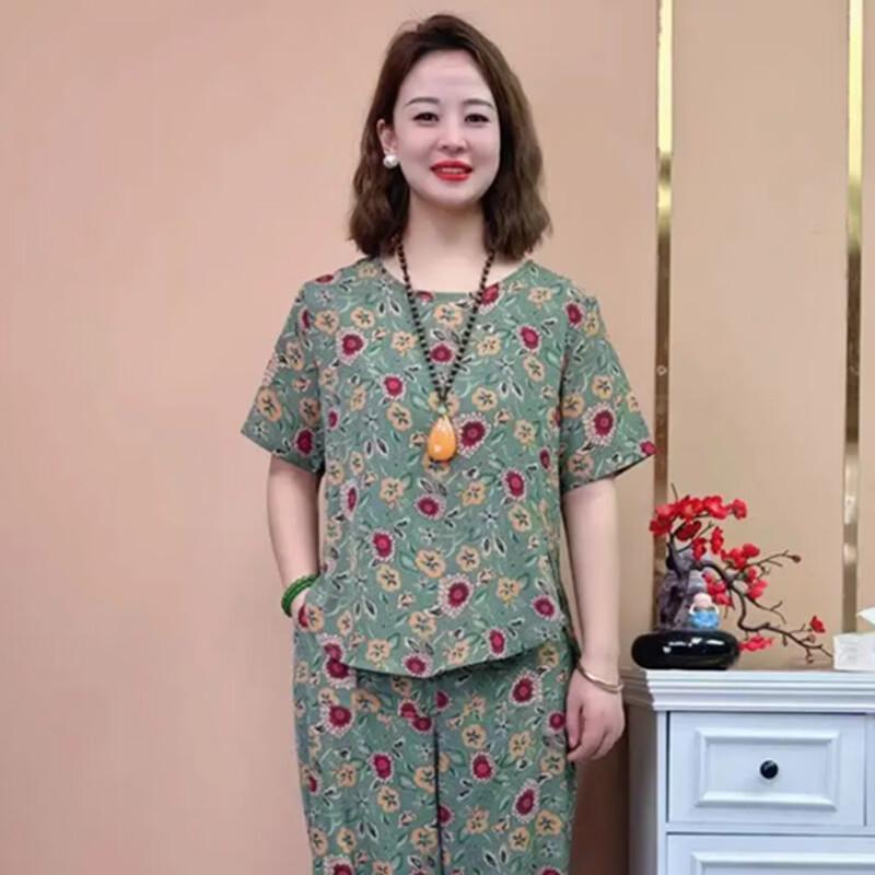 YUZHAOLIN Mid-Aged Women's Summer Floral Print Short-Sleeve Two-Piece Set