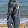 American Retro Washed Wide-leg Jeans Y2k Street Cat Whisker Pattern Design Sense Loose Straight Mopping Trousers Women