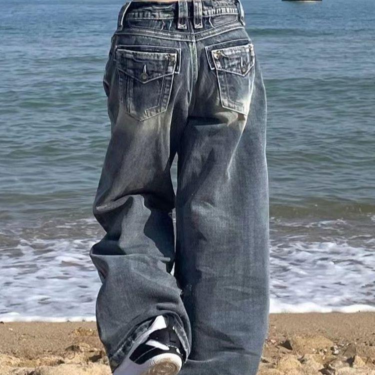 American Retro Washed Wide-leg Jeans Y2k Street Cat Whisker Pattern Design Sense Loose Straight Mopping Trousers Women
