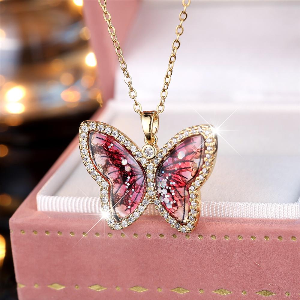 Female Crystal White Zircon Red Stone Cute Butterfly Pendant Necklace Vintage Gold Color Wedding  For Women