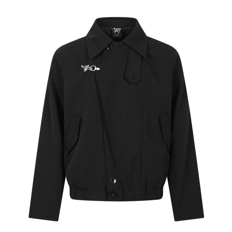 Mens Vintage American Preppy Style Box Cut Bomber Jacket With Metal Snap Notched Lapel