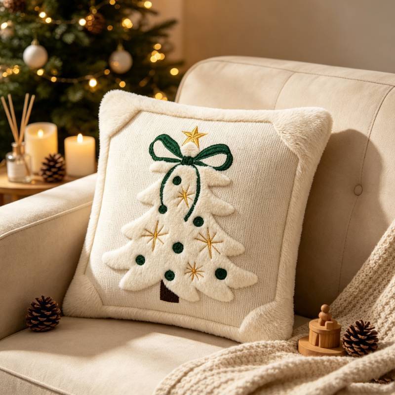 Christmas Tree Embroidered Pillow Cover With Bow Design For Home Decor