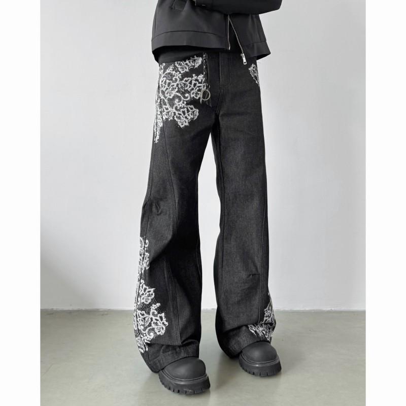 Vintage Streetwear Straight Cut Jeans Men - High Waist Loose Fit Cotton Denim Pants With Lace Print Ribbed Hem