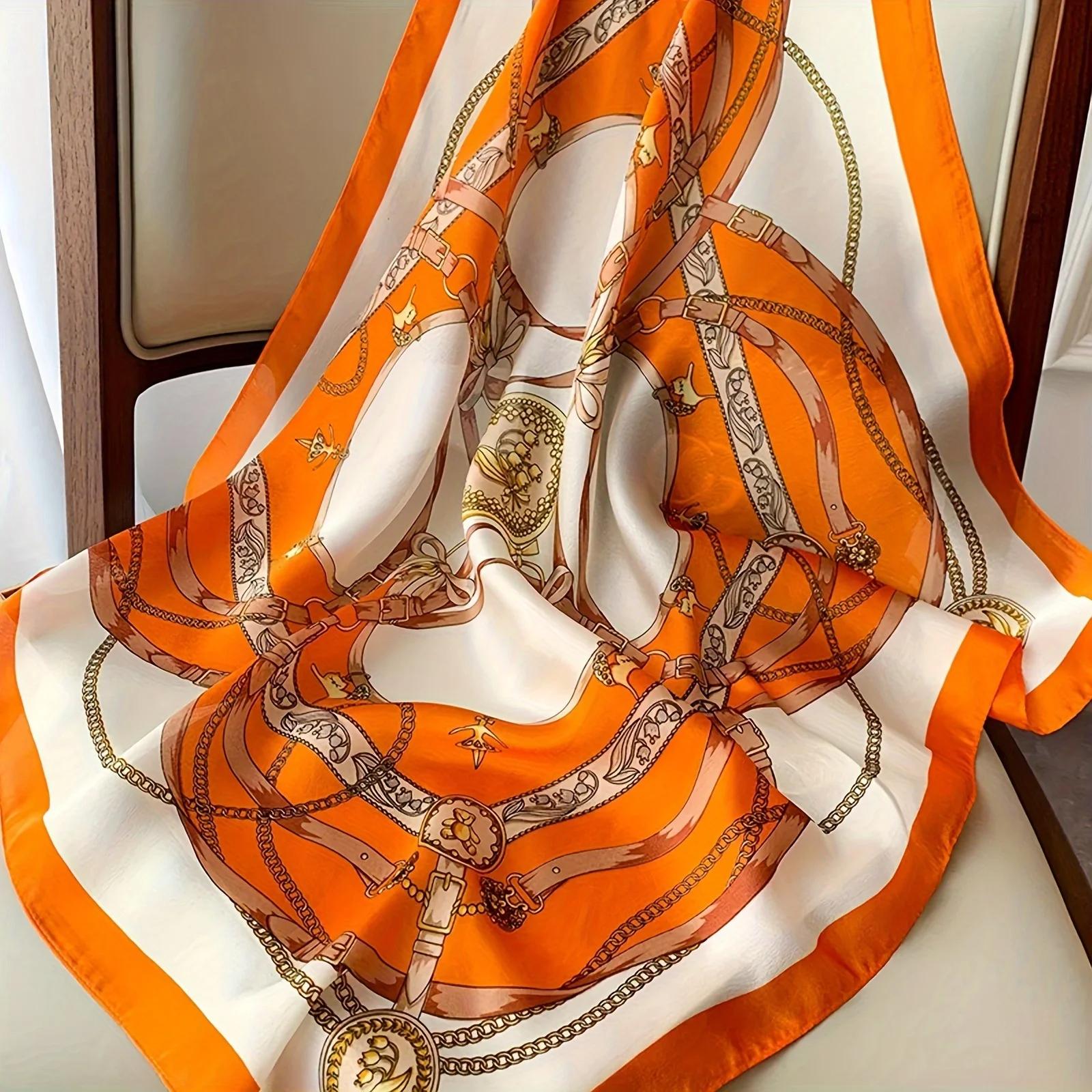 Nieuwe Oranje Marineblauw Geprinte Vierkante Sjaal Dunne Ademende Zonwerende Sjaal Casual Buiten Winddichte Hoofdband Voor Vrouwen 70x70cm orange
