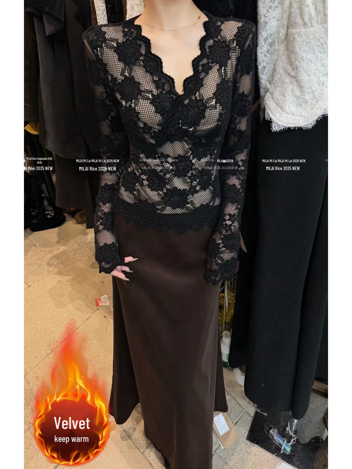 

High-End Fashionable Lace V-Neck Women s Top with Velvet-Lined Inner Layer for Autumn/Winter S