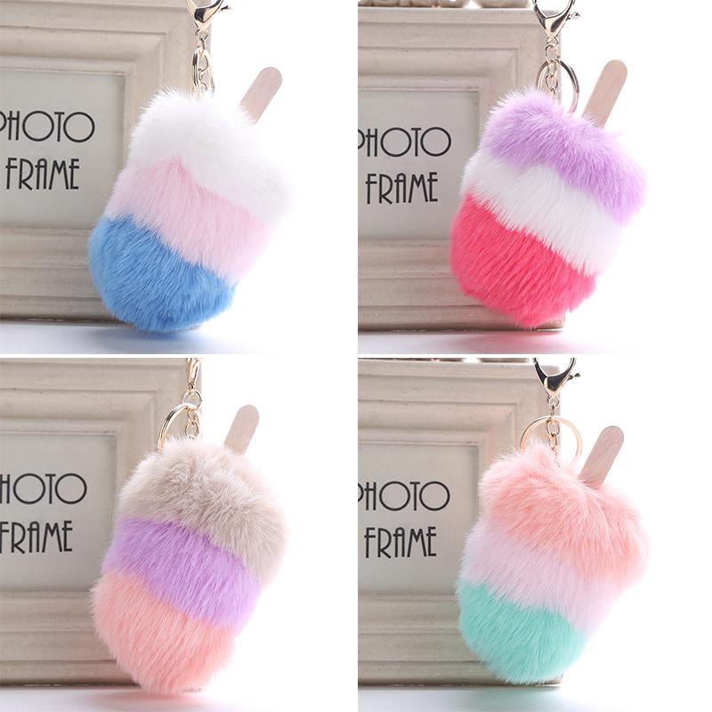 1Pcs Car Soft Pompom Fluffy Ice Cream Faux Fur Key Chain Gift Key Ring Jewelry Pendant