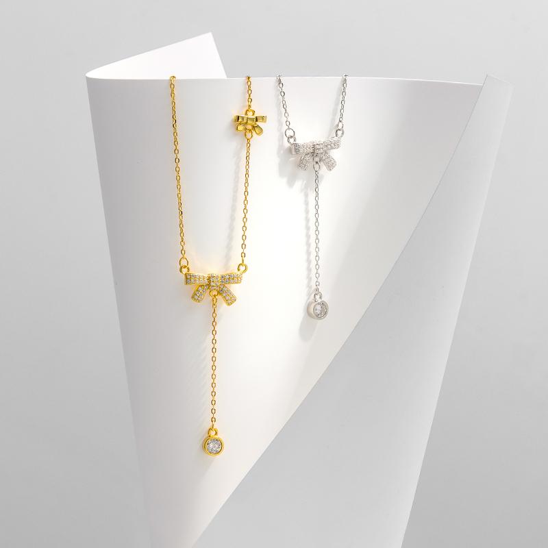New Arrival Vintage 925 Sterling Silver Necklace Tassel Bowknot with Zirconia Simple Necklace for Women