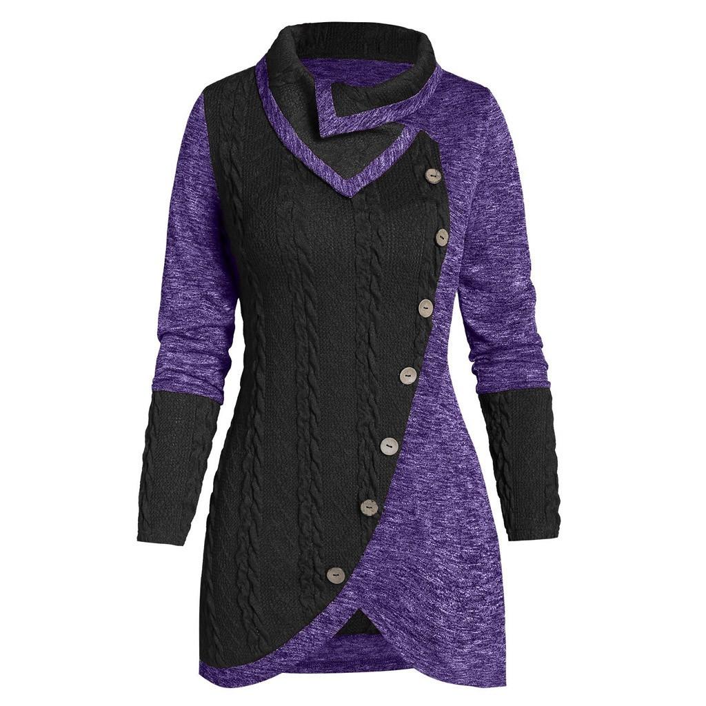 Women O-Neck Long Sleeve Solid Botton Pachwork Asymmetric Tops Sweater