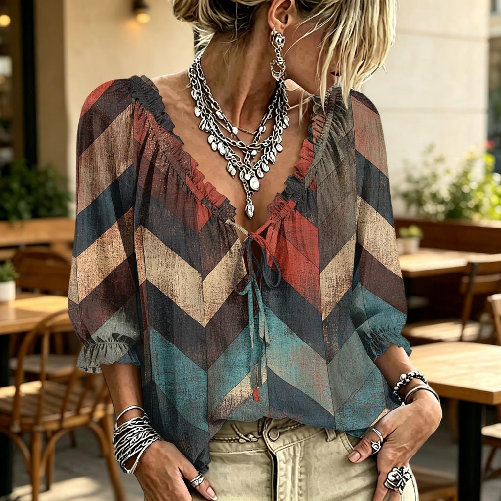 Women's Casual Printed V-Neck Ruffle Tie Blouse
