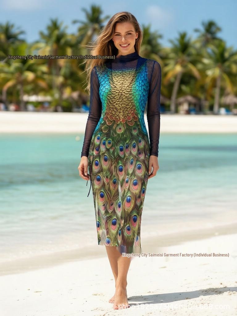 Set Costume da Bagno Pavone: Costumi Interi e Due Pezzi con Protezione Solare, Maniche Lunghe e Gonna in Rete