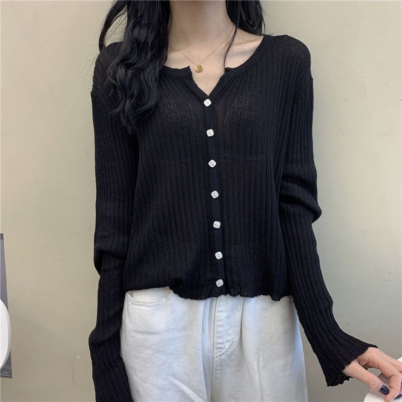 Women's Thin Knit Top Cardigan for Outer Wear Spring Long Sleeve Retro Loose V-neck Outer Coat Ins Style