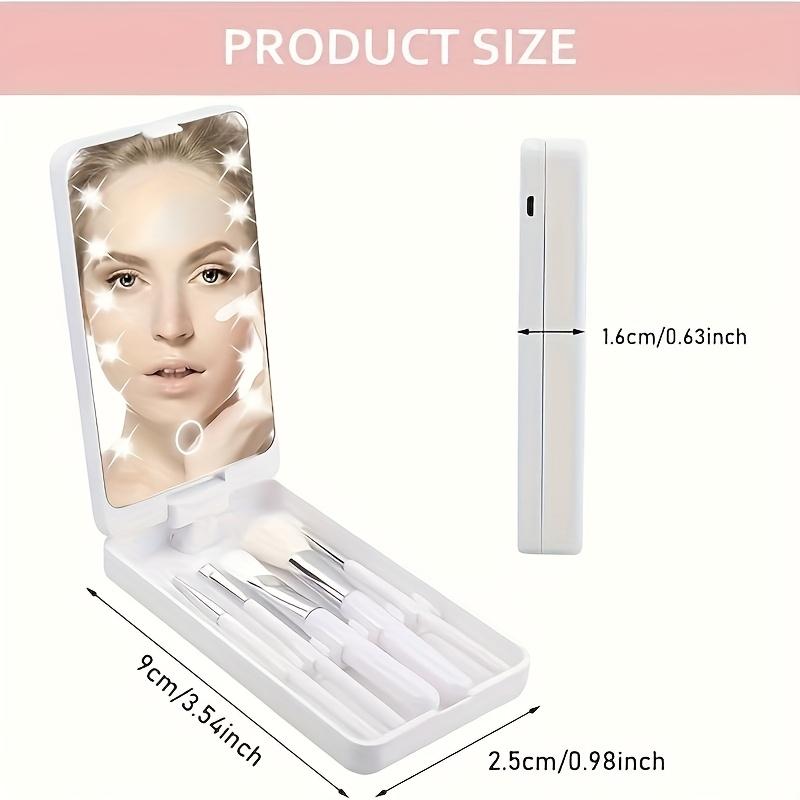 Oglindă LED pentru Machiaj cu Lumini, Set Mini de 5 Pensule, Oglindă de Călătorie Rotativă la 360°, Kit Cosmetic Portabil pentru un Machiaj Perfect în Deplasare