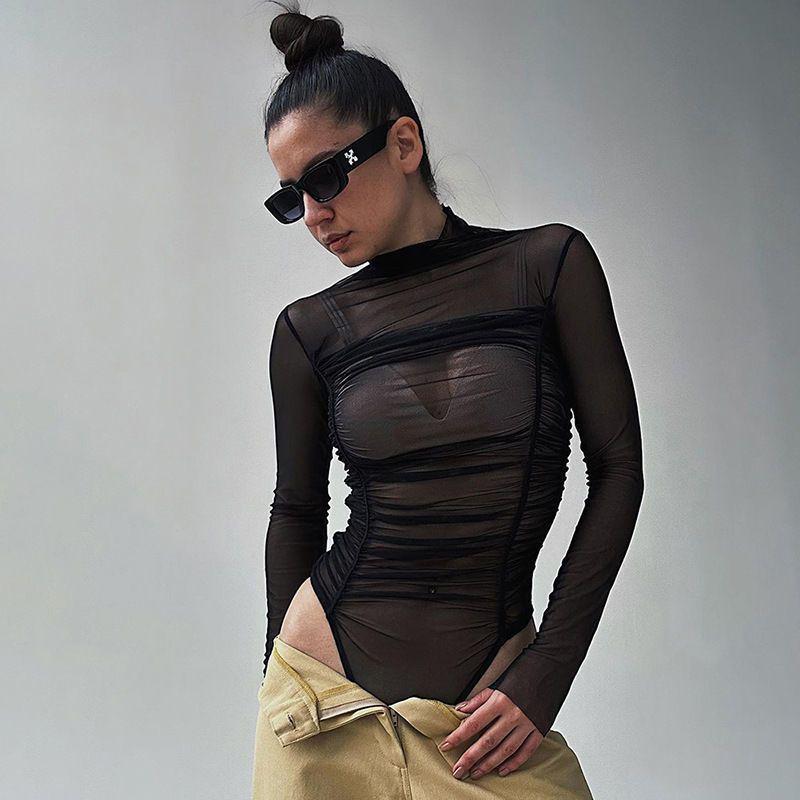 Women's Mesh See-Through Long-Sleeved Bodysuit - Chic High-Waisted Slim Fit Top