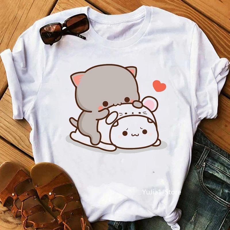 Peach And Goma Mochi Cat Animal Print Tshirt Femme Harajuku Shirt Streetwear Women Short Sleeve Gifts Tshirt Women Clothing