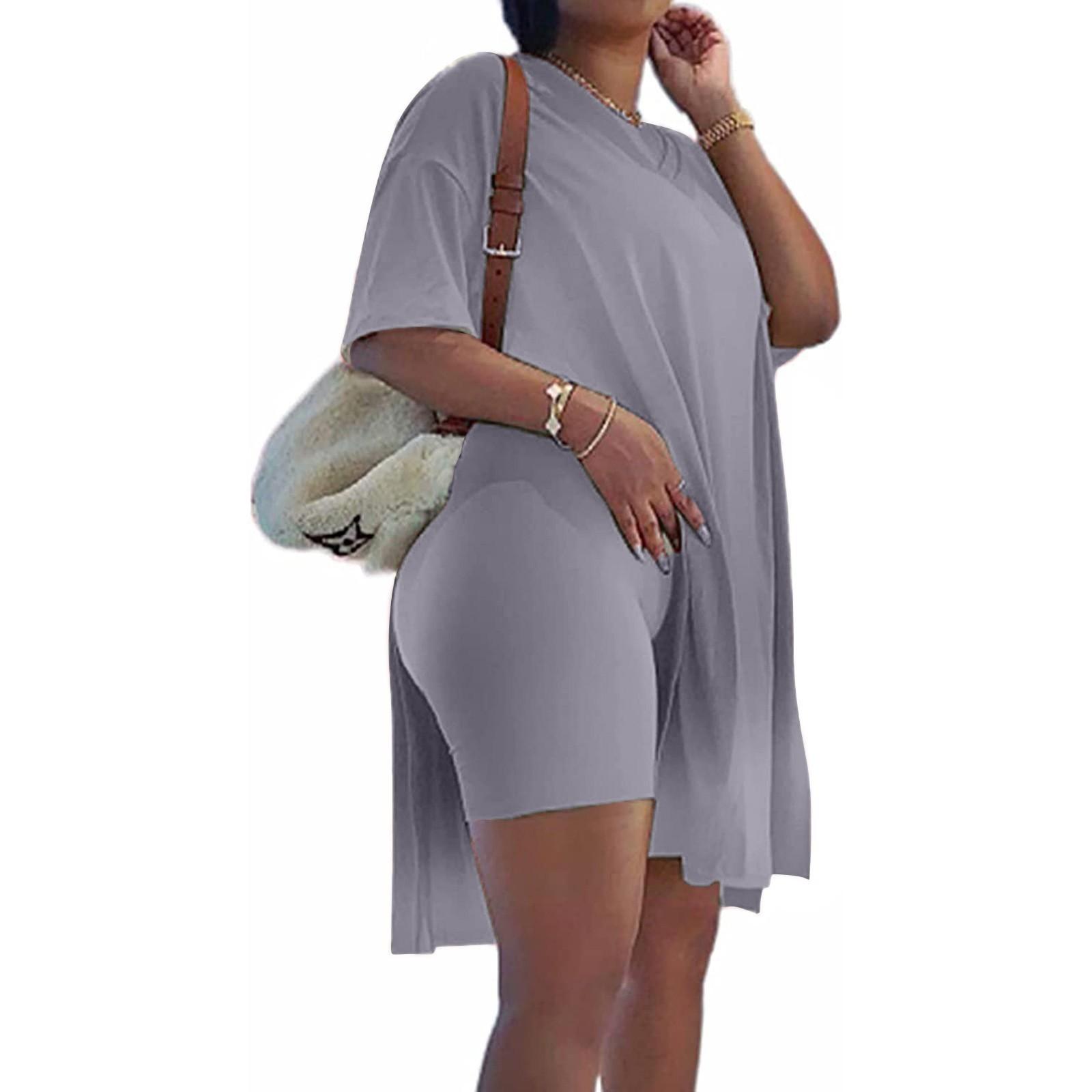

Женская туника больших размеров с короткими рукавами и боковыми разрезами и узкие шорты, комплект спортивной одежды из 2 предметов M серый